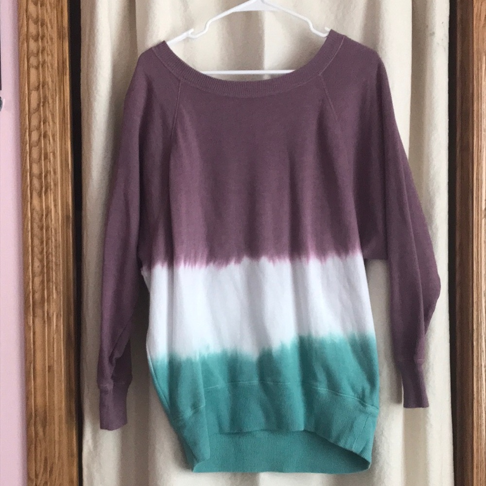 S magenta, white, and blue/green oversized striped crewneck hoodie.